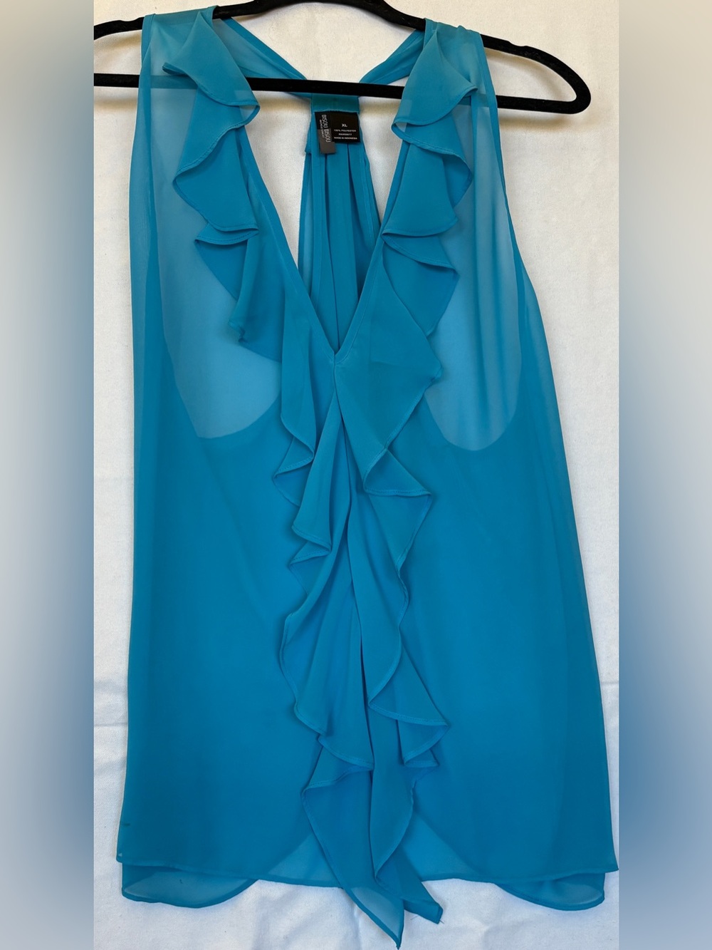 Bisou Bisou Teal Blue Chiffon Ruffle Plunge V Neck Split Open Back Tank Top XL